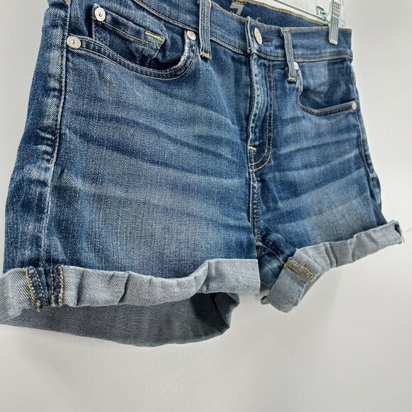 7 FOR ALL MANKIND Women's Medium Wash Blue Denim Cuffed Jean Shorts Size 26 - Picture 6 of 7